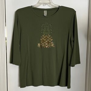 Elegant Olive Green Pineapple Embellished 3/4 Sleeve Top